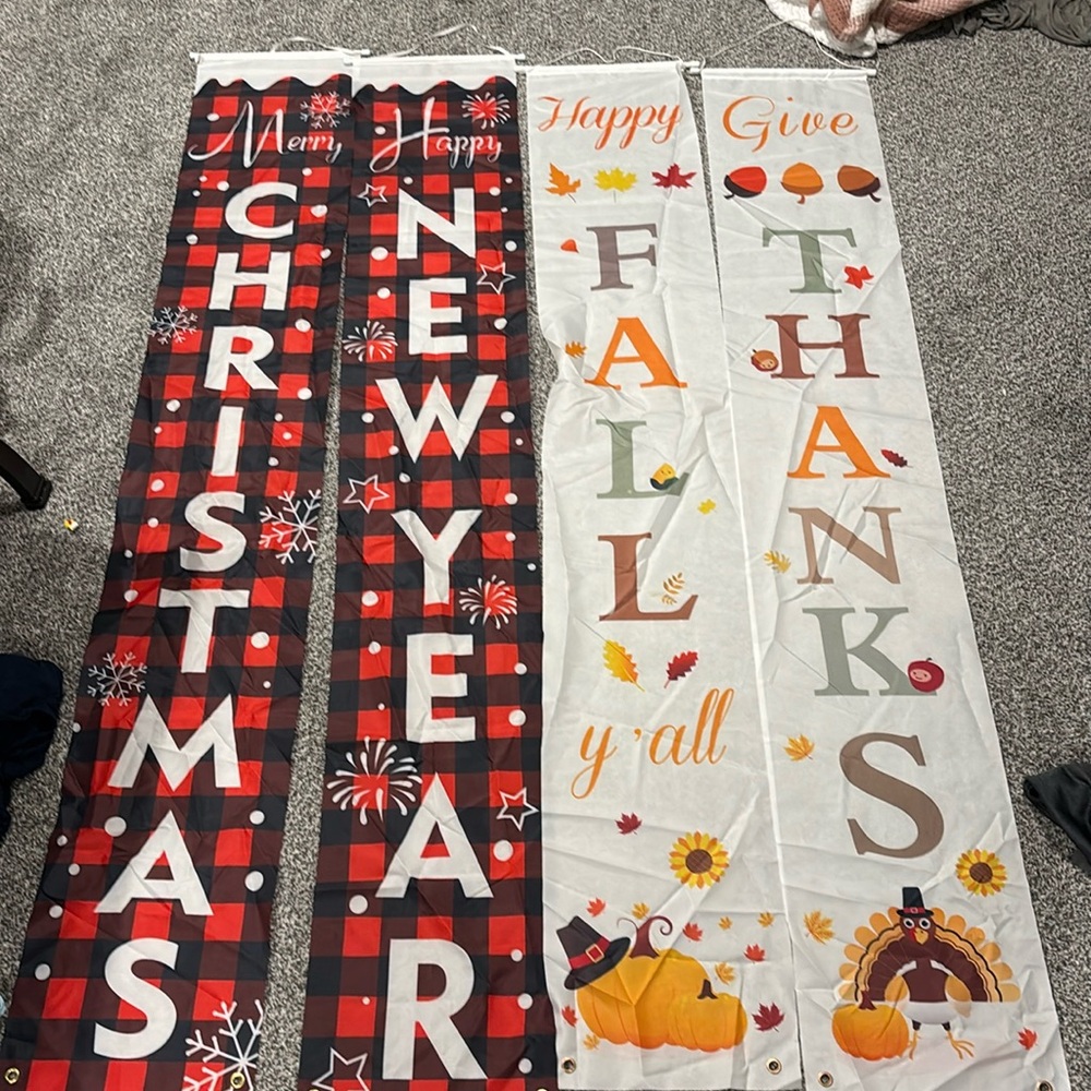 Happy Fall Y'all Banner and Merry Christmas banner 6 feet tall. New
